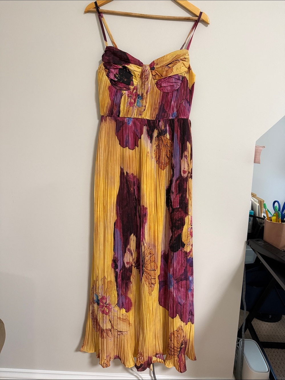 Yellow and Purple Floral Pleated Maxi Dress